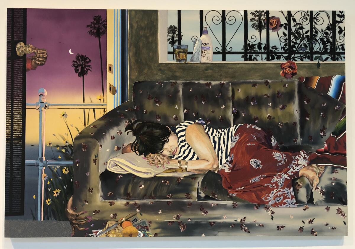 A painting shows a woman napping as a hand reaches around the couch she is sleeping on and another grasps a doorknob.