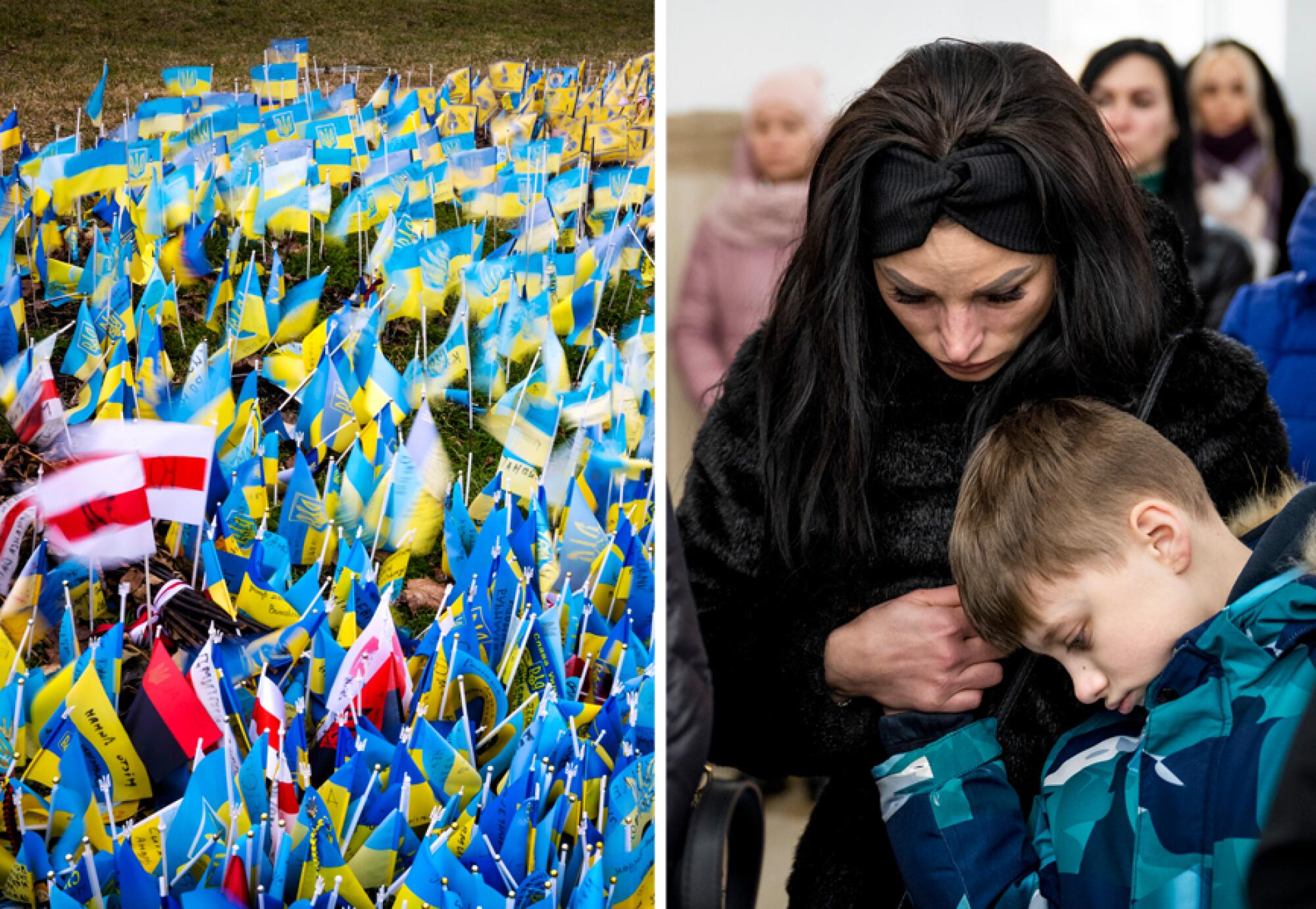 A diptych image: At left, a grassy area densely covered with small Ukrainian flags; and at right; a woman with a young boy.
