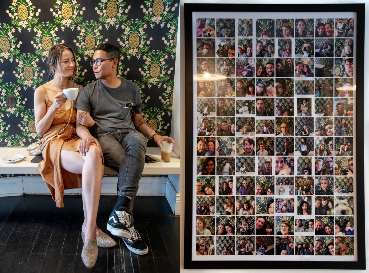 Composite of a couple drinking coffee at Wrecking Ball Coffee Roasters and the selfies taken by customers.