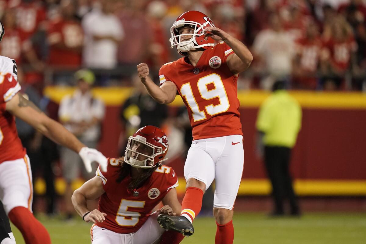 FILE - Kansas City Chiefs place kicker Matthew Wright (19) and holder Tommy Townsend (5) watch Wright's 59-yard field goal during the first half of an NFL football game on Oct. 10, 2022, in Kansas City, Mo. The well-traveled Wright will kick for the Pittsburgh Steelers this weekend while filling in for injured Chris Boswell. The Steelers has signed Wright off of Kansas City’s practice squad earlier this week. (AP Photo/Charlie Riedel, File)