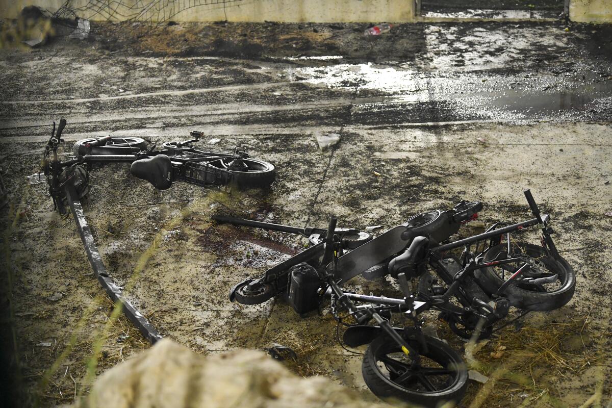 Destroyed children's bicycles at the site of a rocket attack.