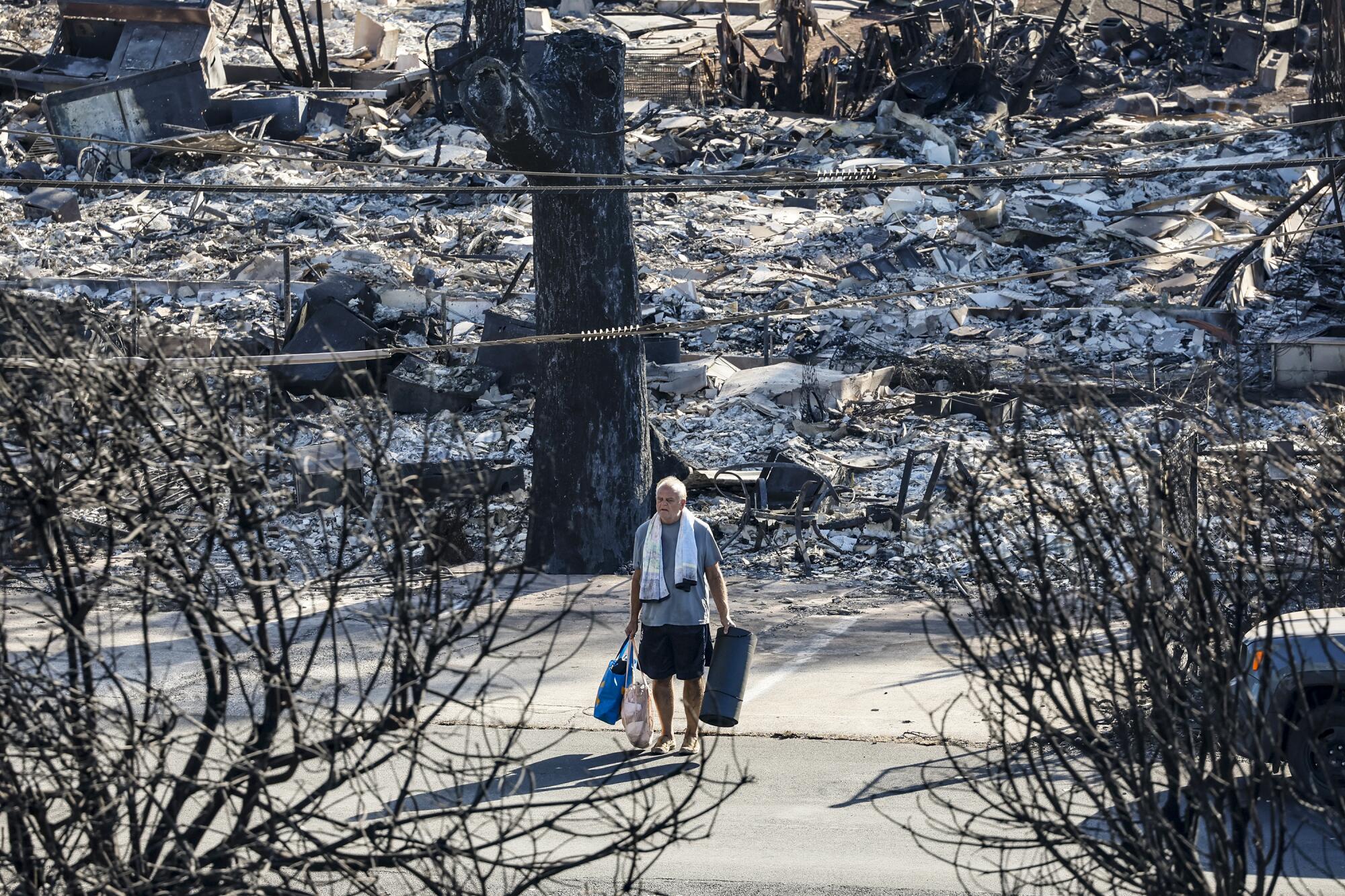 A man holding bags in each hand stands on a street through a burned neighborhood.