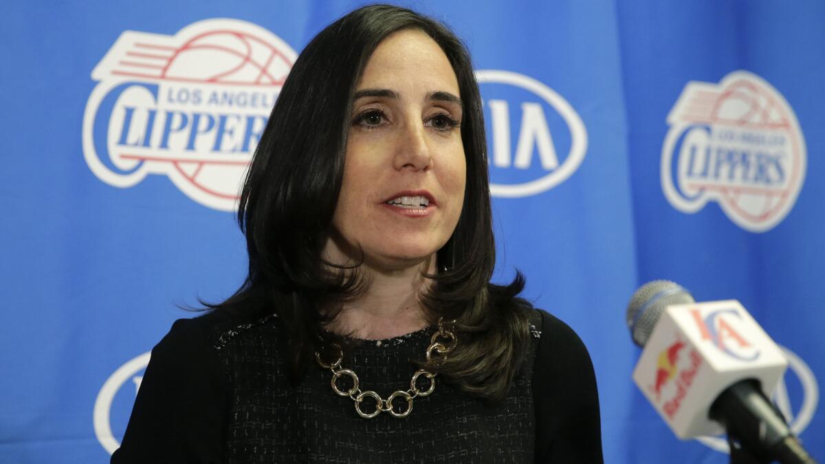 Gillian Zucker, the Clippers' president of business operations, speaks during a news conference at Staples Center on Nov. 8, 2014.