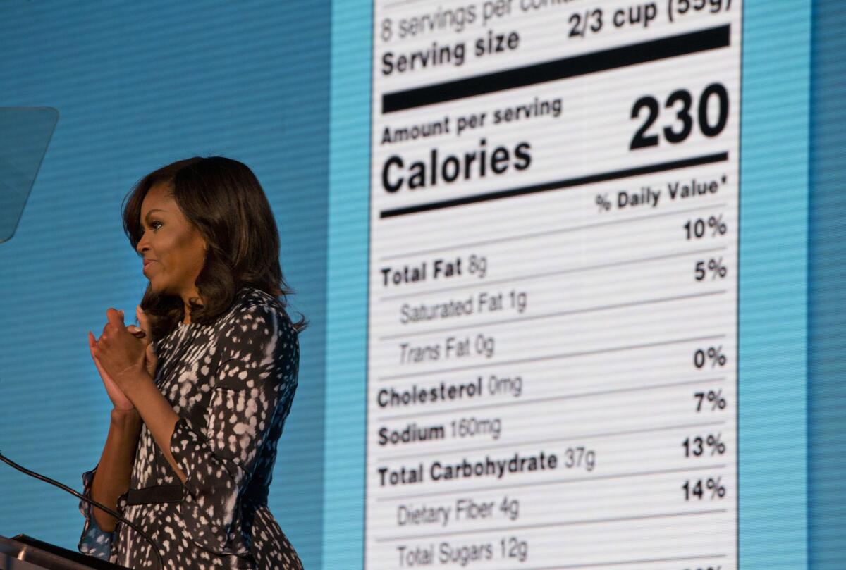 First Lady Michelle Obama announces a makeover for food nutrition labels while speaking to the Building a Healthier Future Summit in Washington on Friday.