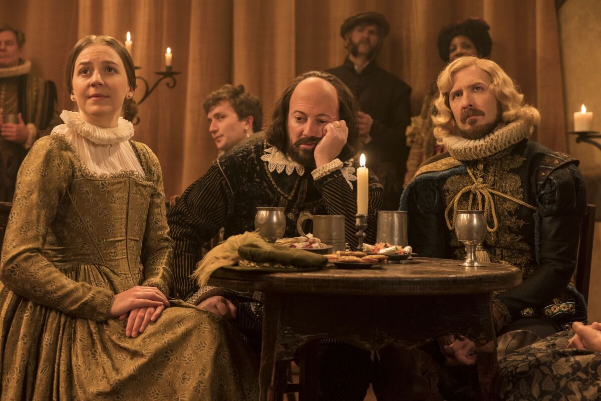 Gemma Whelan as Kate, David Mitchell as William Shakespeare and Tim Downie as Christopher Marlowe in the Ben Elton sitcom "Upstart Crow."