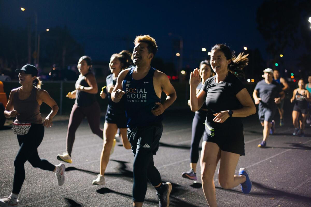 Social Hour Run Club is based in Cerritos and Artesia. Members do track workouts at Cypress College on Tuesday evenings.