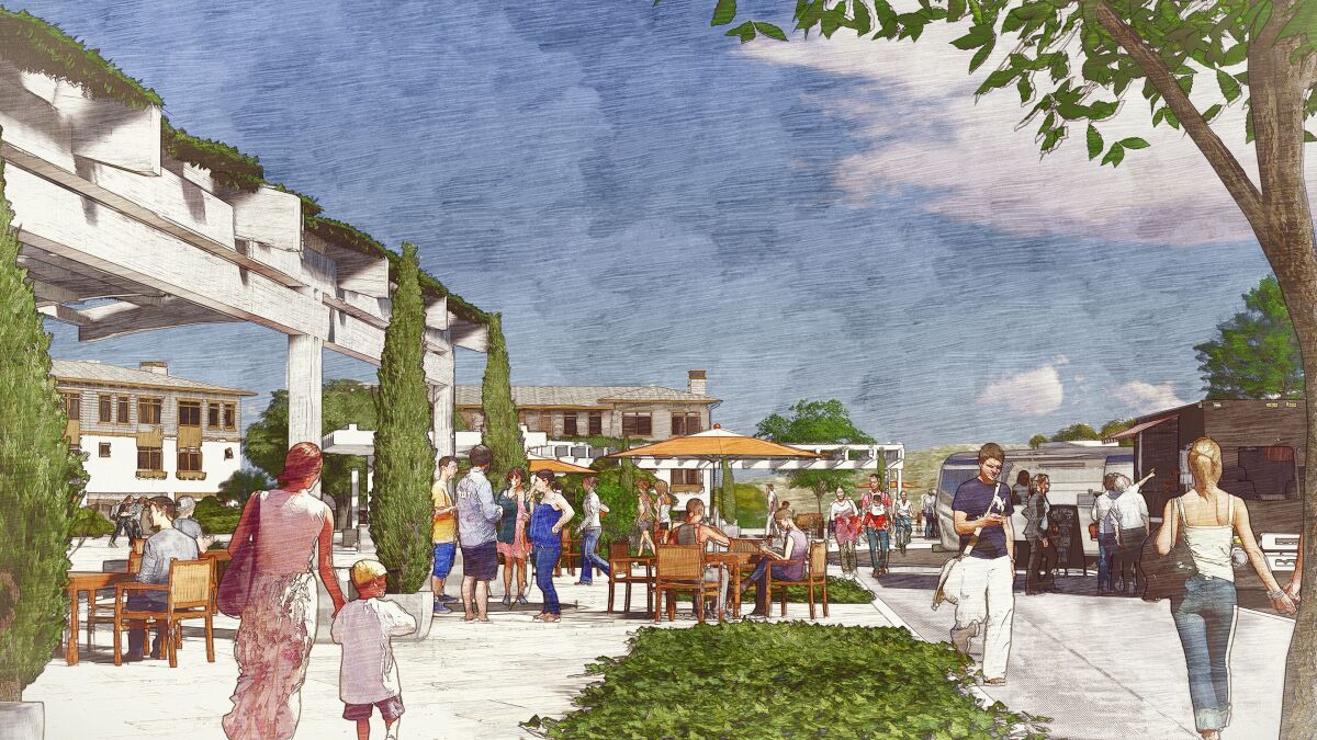 Rendering of a piazza that would be part of a 1,200-unit project proposed for Carmel Mountain Ranch called The Trails.