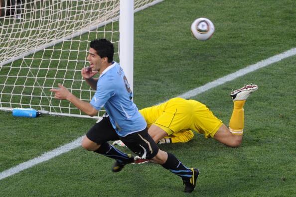 Uruguay's striker Luis Suarez celebrates after scoring against Mexico during the Group A first round 2010 World Cup football match on June 22, 2010 at Royal Bafokeng stadium in Rustenburg, South Africa.