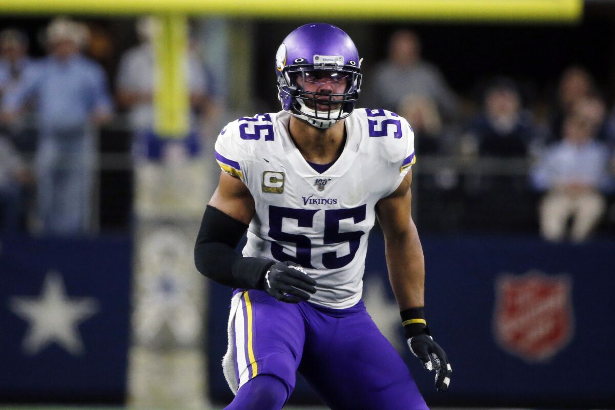 FILE - Minnesota Vikings outside linebacker Anthony Barr (55) drops into coverage against the Dallas Cowboys during an NFL football game in Arlington, Texas, in this Sunday, Nov. 10, 2019, file photo. Finally, this appears to be the week the Minnesota Vikings will have Anthony Barr back on the field. Injuries have kept the four-time Pro Bowl linebacker out for the last 18 games. (AP Photo/Michael Ainsworth, File)