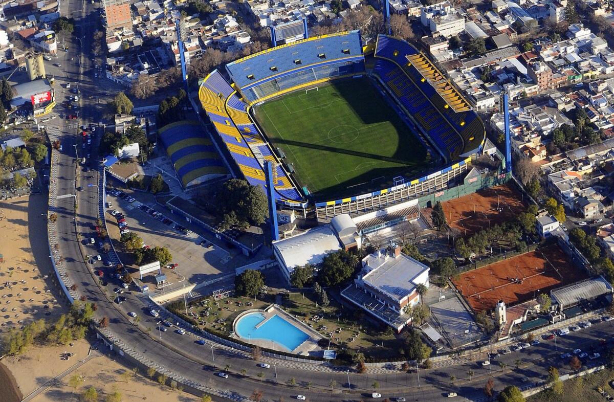 An aerial view of Rosario Central stadium in Rosario, Argentina. Argentina has suspended all professional soccer games this weekend following the death of a fourth division player Thursday following injuries he suffered during a game.