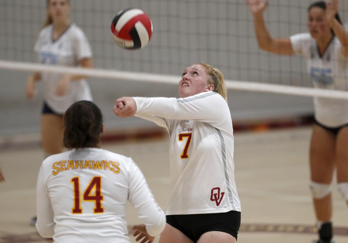 Ocean View's Katelyn Taylor (7) keeps a volley alive against Marina in the second set of a nonleague match at home Tuesday.