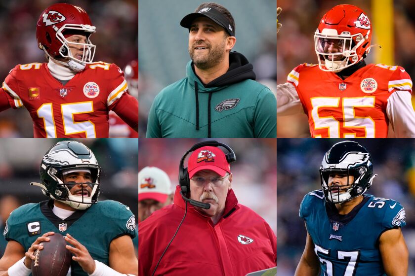 Clockwise from bottom left: Jalen Hurts, Patrick Mahomes, Nick Sirianni, Frank Clark, T.J. Edwards and Andy Reid.
