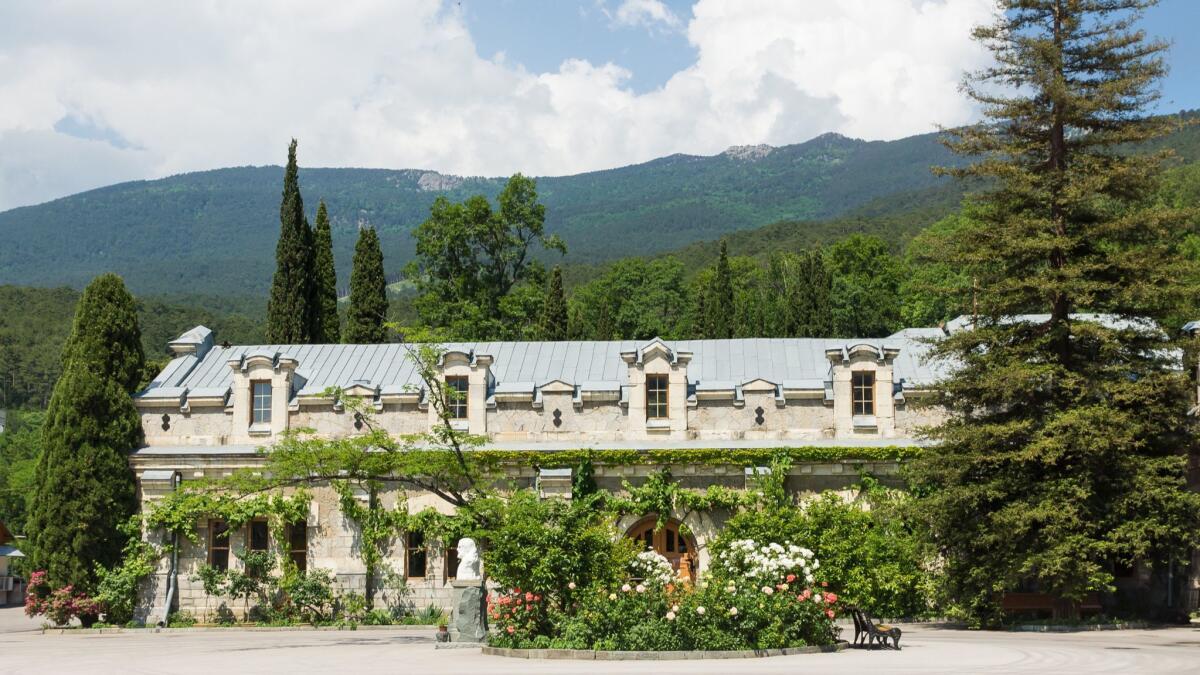 Massandra Winery is set against a background of beautiful mountains in Crimea.