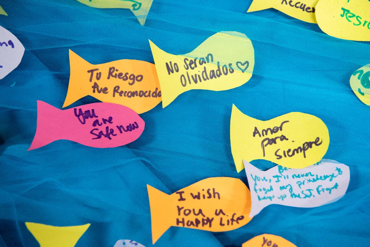 Messages written in English and Spanish on fish-shaped paper cutouts.