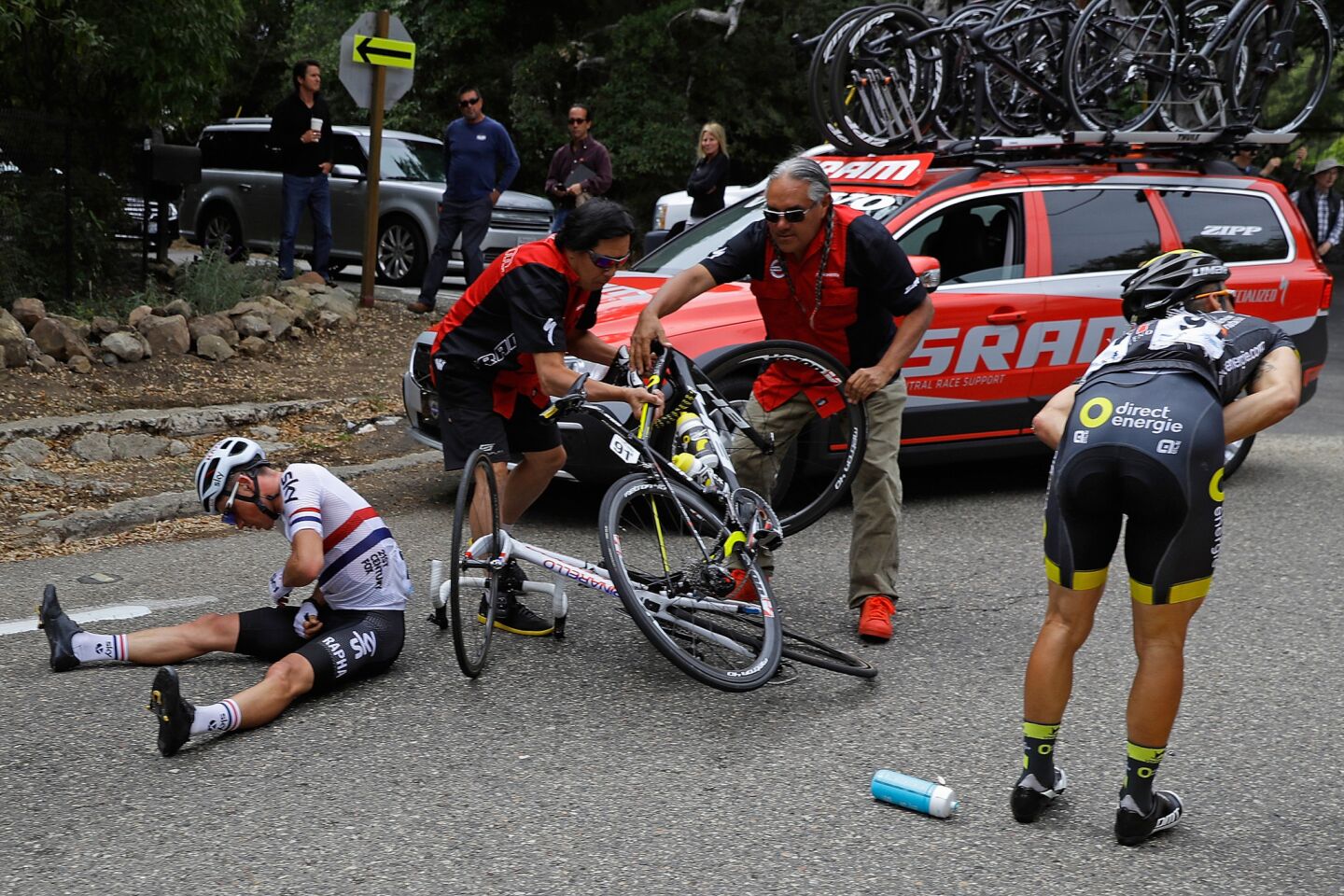 Britain's Peter Kennaugh, left, and France's Bryan Coquard were involved in a crash during the third stage of the Tour of California on May 17.