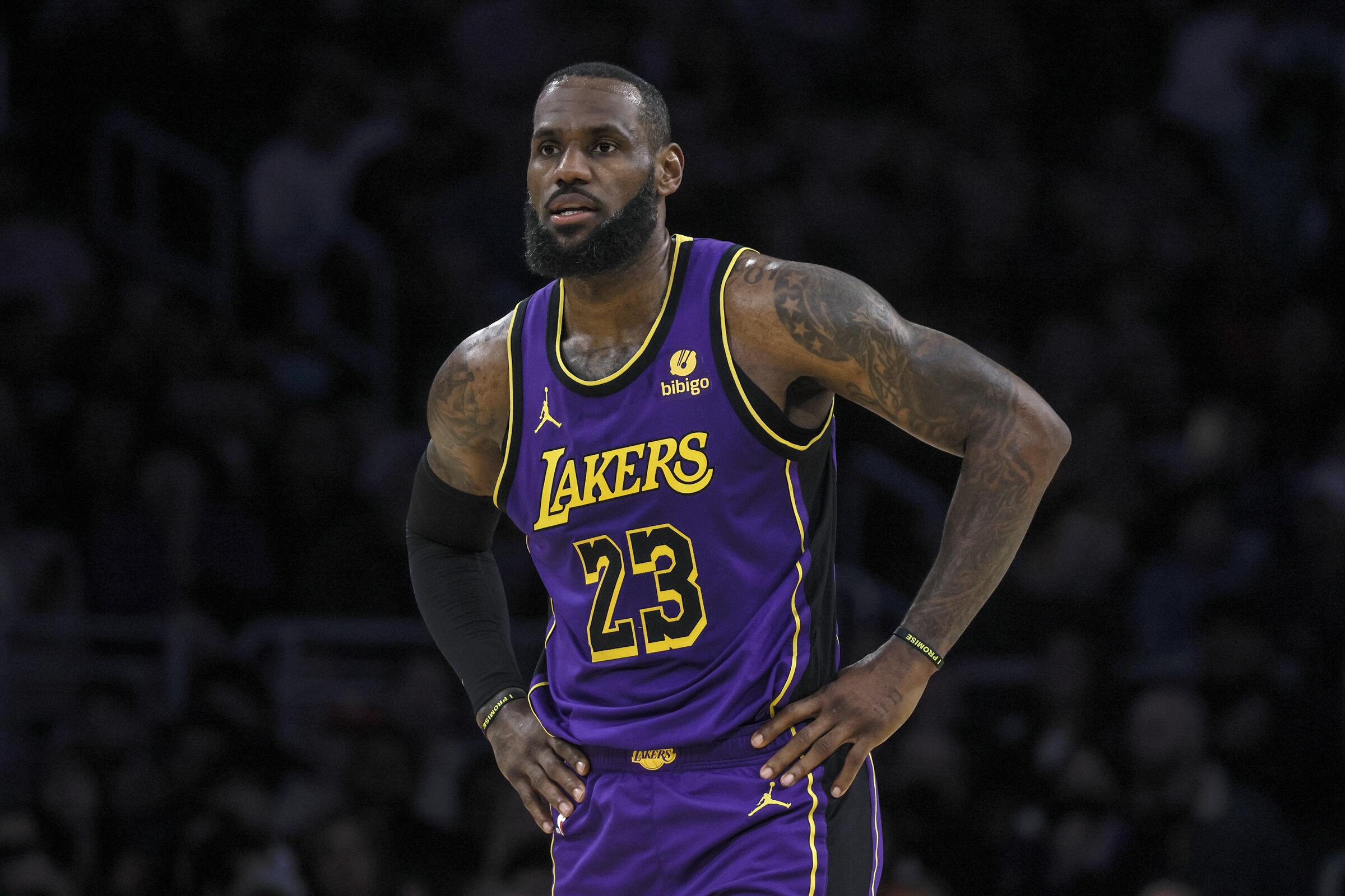 Lakers star LeBron James stands on the court during a game against the Phoenix Suns on Jan. 11.