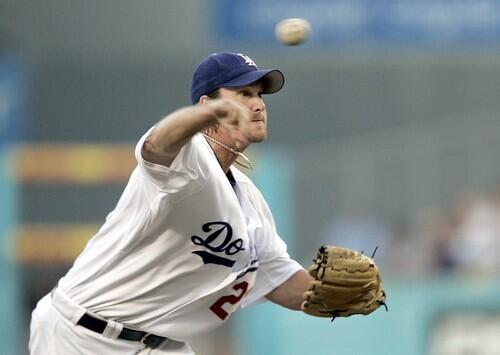 Dodger pitcher Derek Lowe delivers a pitch.