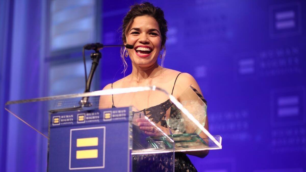 America Ferrera accepts the HRC Ally for Equality Award at the Human Rights Campaign's L.A. gala on March 18.