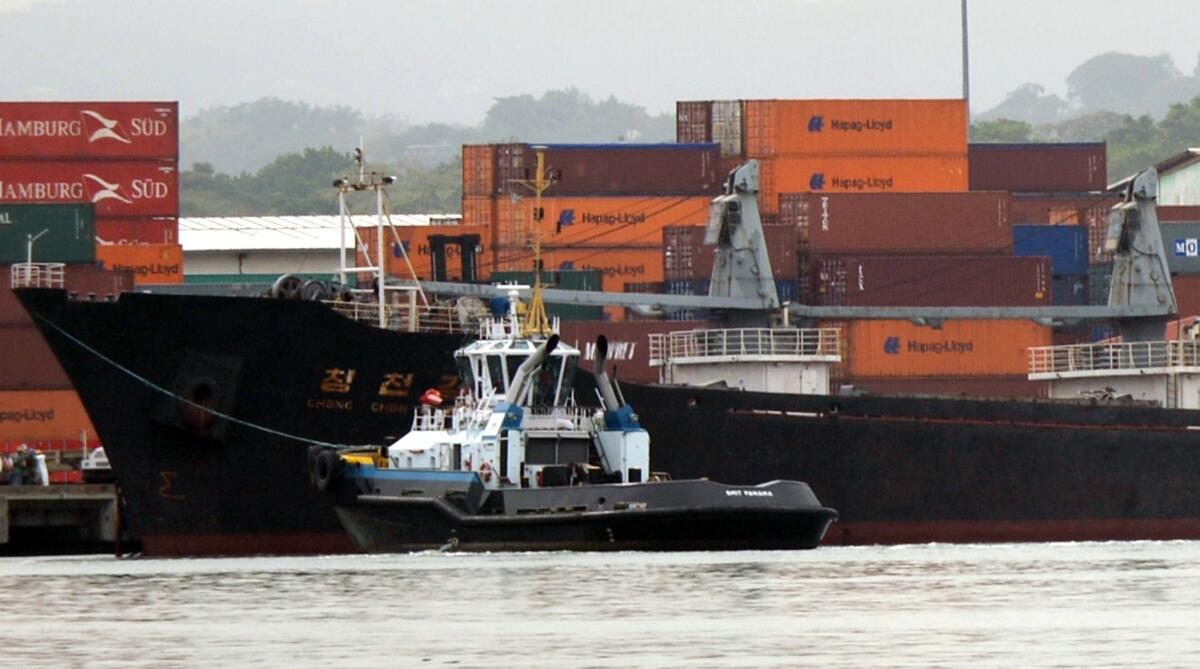 Partial view of North Korean vessel Chong Chon Gang at Manzanillo harbor in Colon, Panama.