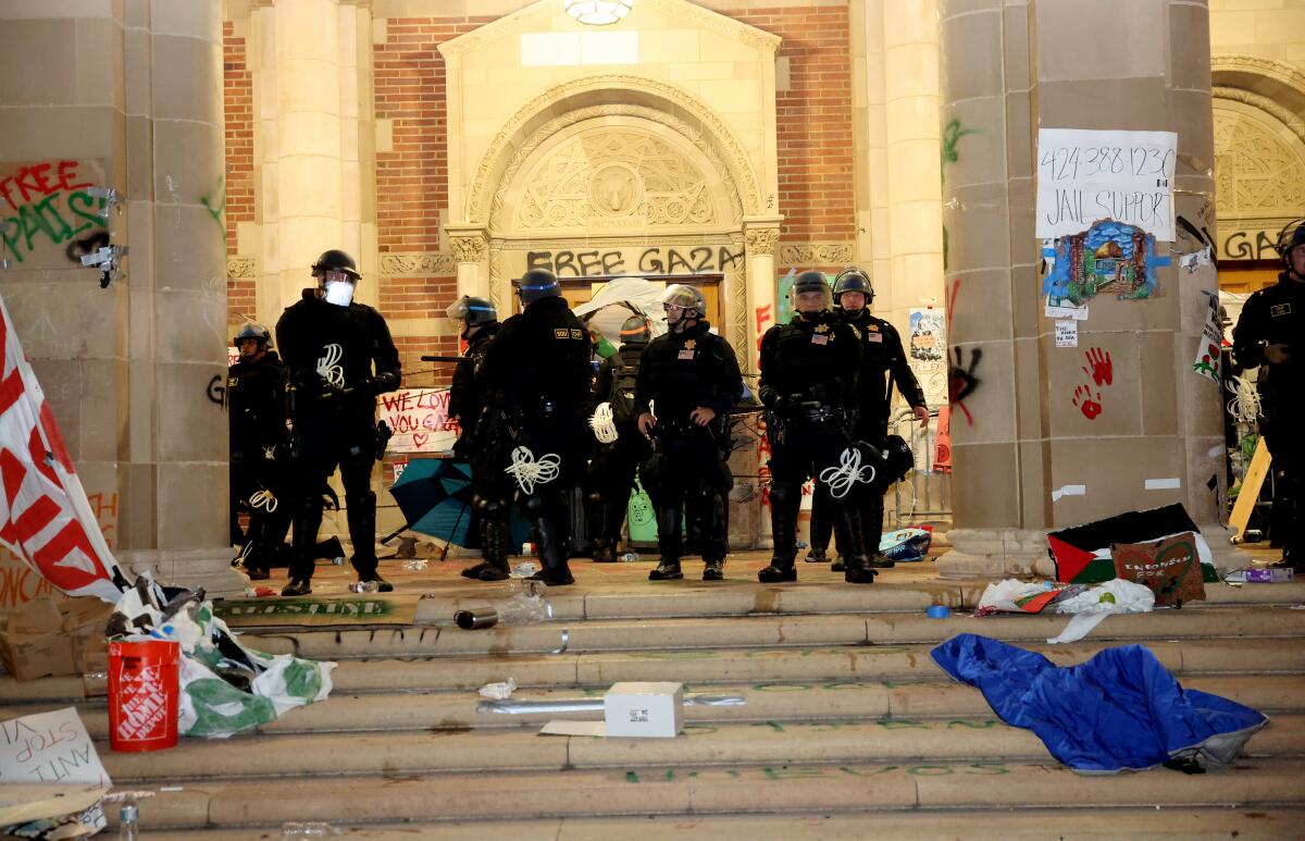 Police at one of the buildings on the UCLA campus Thursday, May 2, 2024.