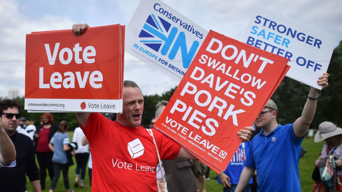 A campaigner for Vote Leave, the official "leave" campaign organization, holds a placard during a rally in Hyde Park in London on June 19, 2016.