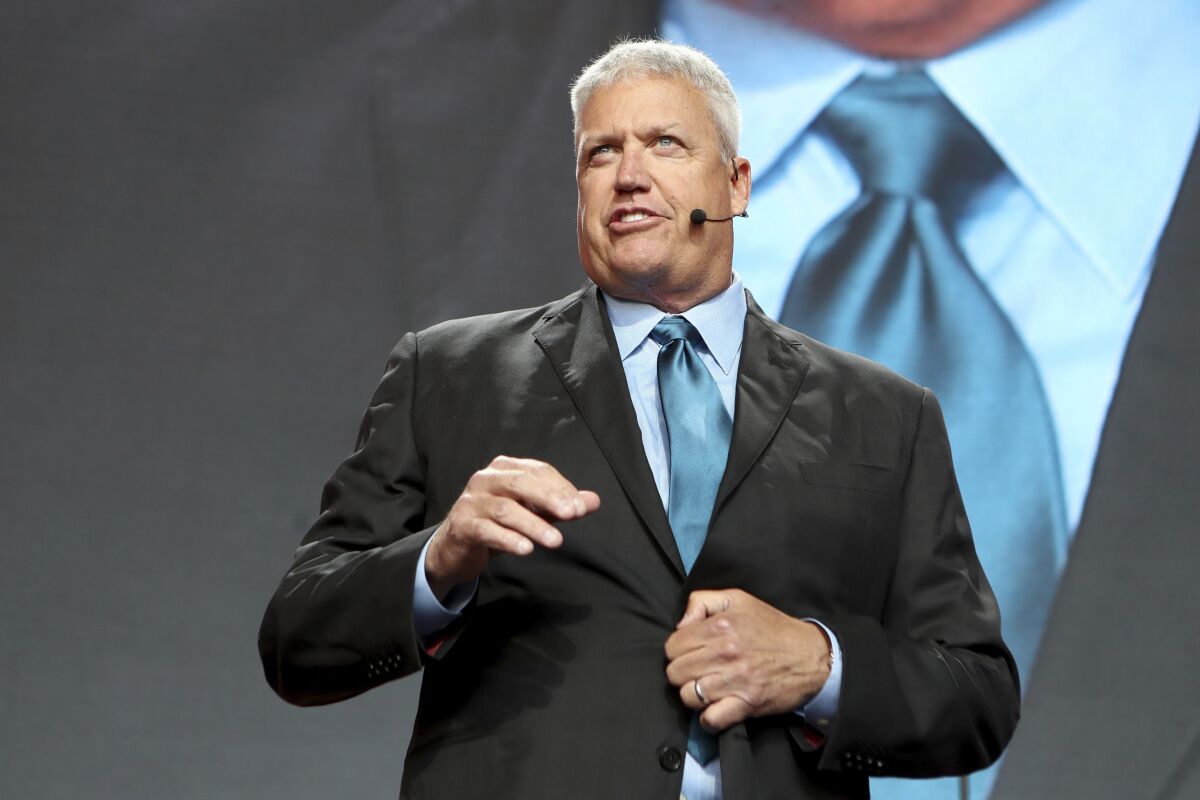 FILE - Former NFL football head coach Rex Ryan speaks on Day 3 of the NFL football draft in Nashville, Tenn., April 27, 2019. New York Jets head coach Robert Saleh is dealing with plenty of criticism these days — from the fans, media and, now, Ryan. Saleh was ripped Monday, Nov. 15, 2021, morning on ESPN Radio by the always boisterous Ryan, who led the team from 2009-14, for New York's embarrassing showings on defense. (AP Photo/Gregory Payan, File)