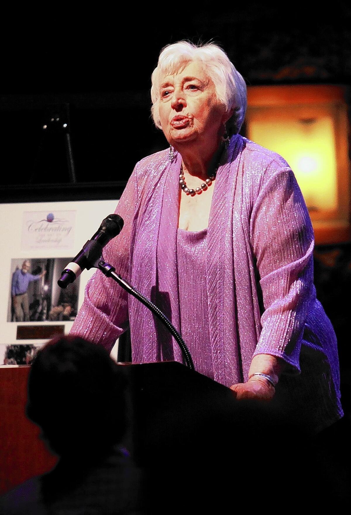 Mayor's award recipient Norma Hertzog speaks during the second annual Costa Mesa mayor's dinner at the Samueli Theater in Costa Mesa on Thursday. Hertzog was the first female councilmember for the City of Costa Mesa. (Kevin Chang/ Daily Pilot)