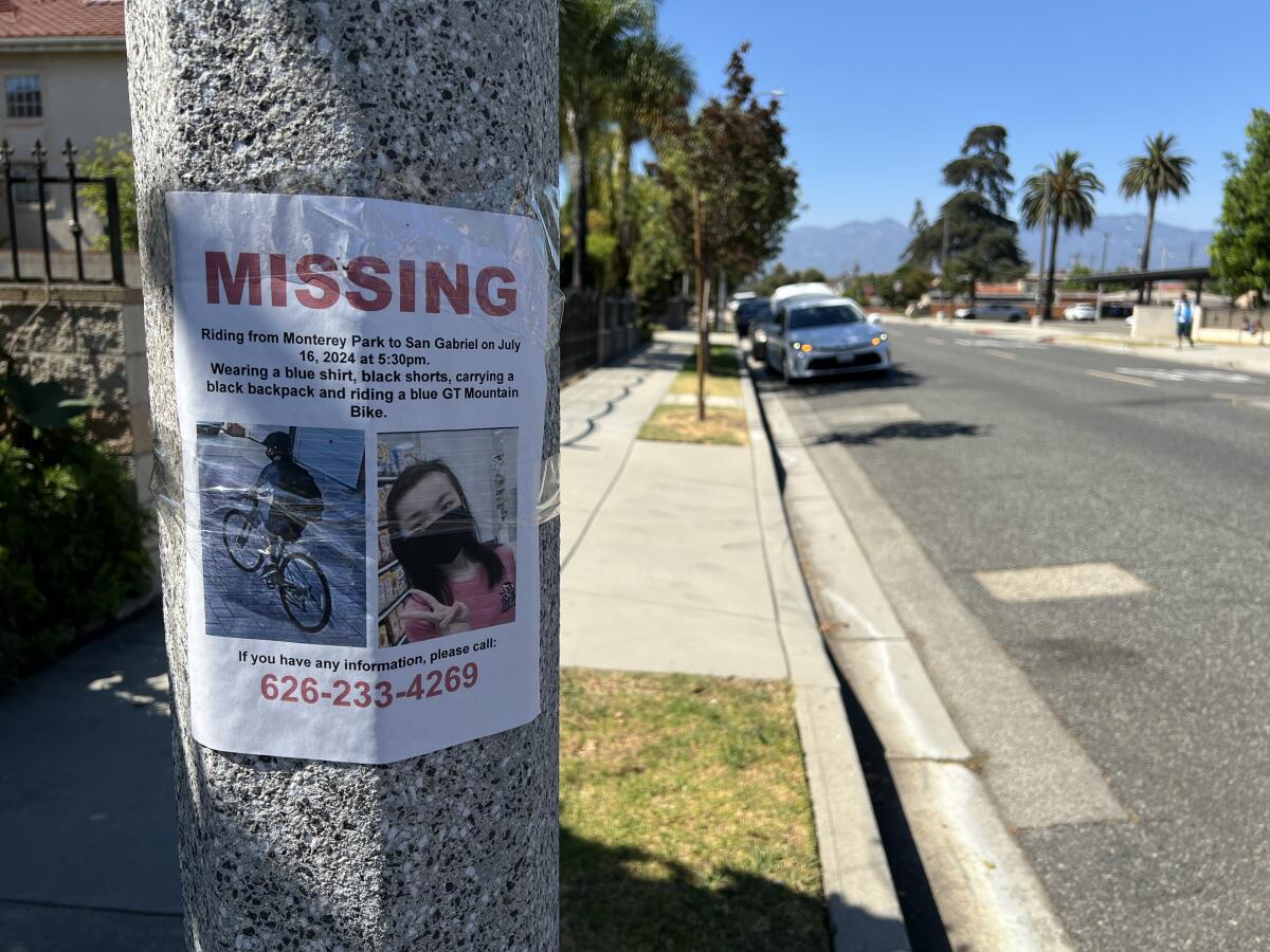 A "MISSING" sign on a post on a grassy curbside shows a photo of a cyclist from behind and a closeup of a teen girl in a mask