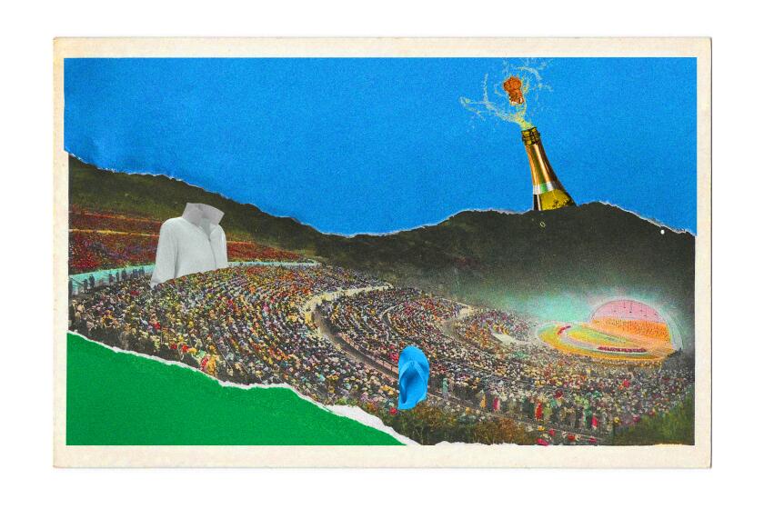 Image June 2024 Illo for Hollywood Bowl. Vintage Postcard from the 1930's w/Adobe stock and construction paper.