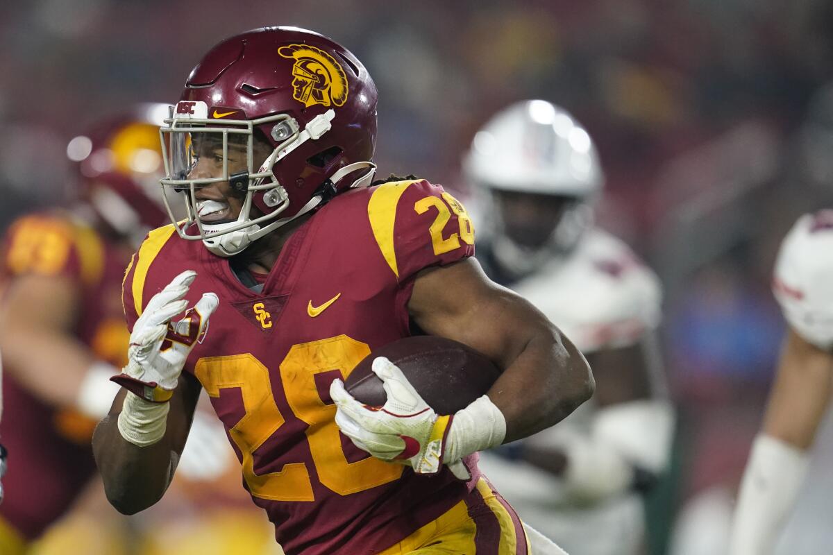 USC running back Keaontay Ingram's is tied for the team lead in rushing touchdowns, with five. 