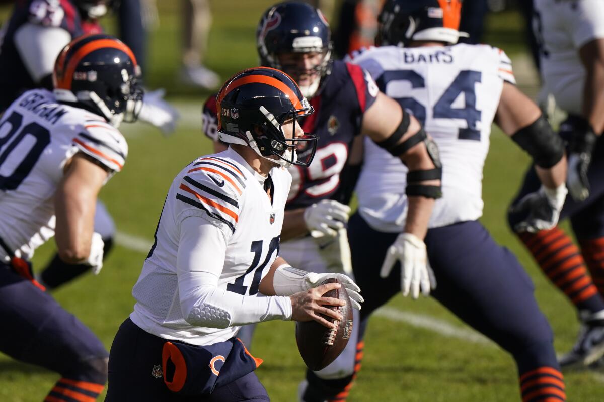 Mitchell Trubisky of the Chicago Bears looks to pass during a game