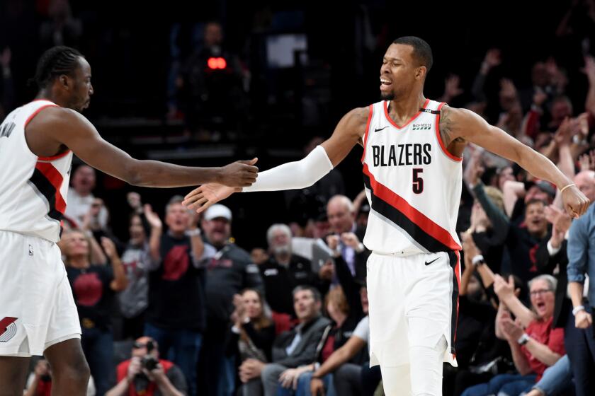 PORTLAND, OREGON - MAY 03: Rodney Hood #5 of the Portland Trail Blazers hits what turned out to be the game winning shot during the fourth overtime of game three of the Western Conference Semifinals against the Denver Nuggets at Moda Center on May 03, 2019 in Portland, Oregon. The Blazers won 140-137 in 4 overtimes. NOTE TO USER: User expressly acknowledges and agrees that, by downloading and or using this photograph, User is consenting to the terms and conditions of the Getty Images License Agreement. (Photo by Steve Dykes/Getty Images) (Photo by Steve Dykes/Getty Images) ** OUTS - ELSENT, FPG, CM - OUTS * NM, PH, VA if sourced by CT, LA or MoD **