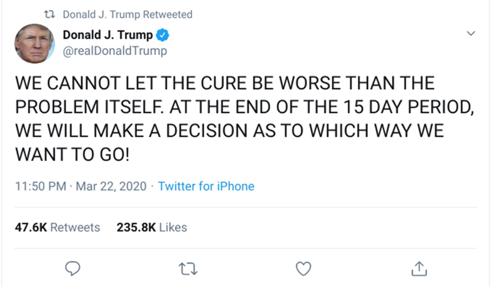 Trump tweets about the response to the coronavirus crisis.