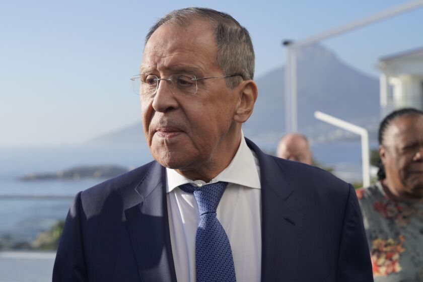 Russian Foreign Minster, Sergey Lavrov, at a meeting with his counterparts from the BRICS economic bloc of developing nations in Cape Town, South Africa Thursday, June 1, 2023. The meeting is a precursor to a larger summit of developing nations in South Africa in August that Russian President Vladimir Putin may attend while under indictment by the International Criminal Court. (AP Photo/Nardus Engelbrecht)