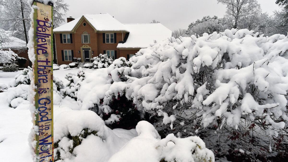 Heavy snow weighs down shrubs in front of a home in Kennesaw, Ga., on Saturday.
