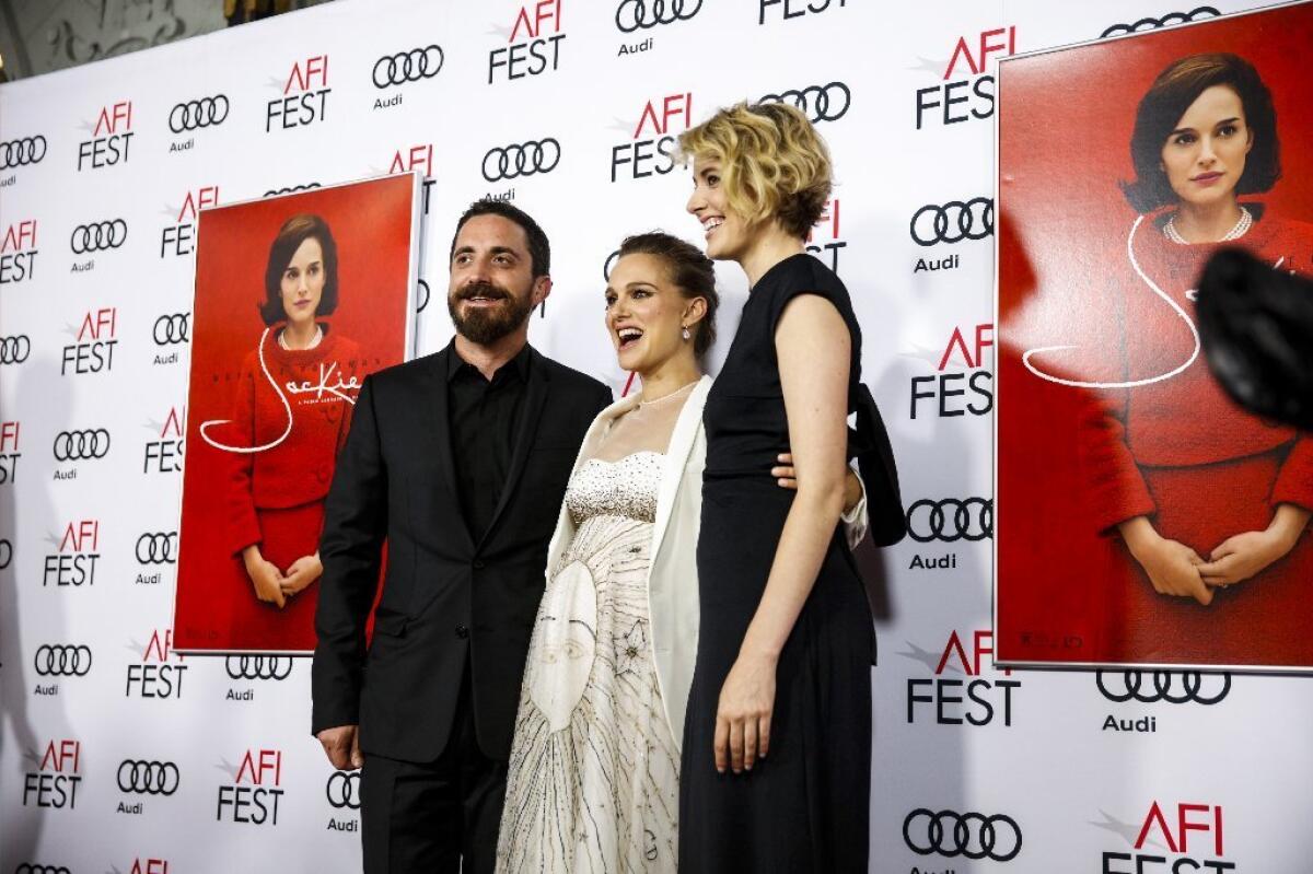 Director Pablo Larrain, Natalie Portman and Greta Gerwig pose on the red carpet for the premiere of "Jackie" during the AFI Fest.