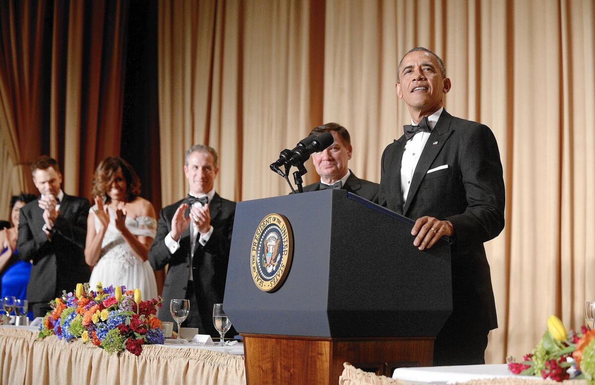 President Obama speaks at the 2014 White House Correspondents' Assn. dinner. As the event has grown in prominence, the president's annual appearance has become a high-stakes address.