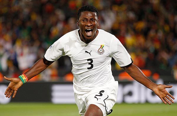 Ghana's Asamoah Gyan celebrates after scoring during a World Cup Group D match against Serbia at Loftus Versfeld Stadium in Pretoria, South Africa, on Sunday.