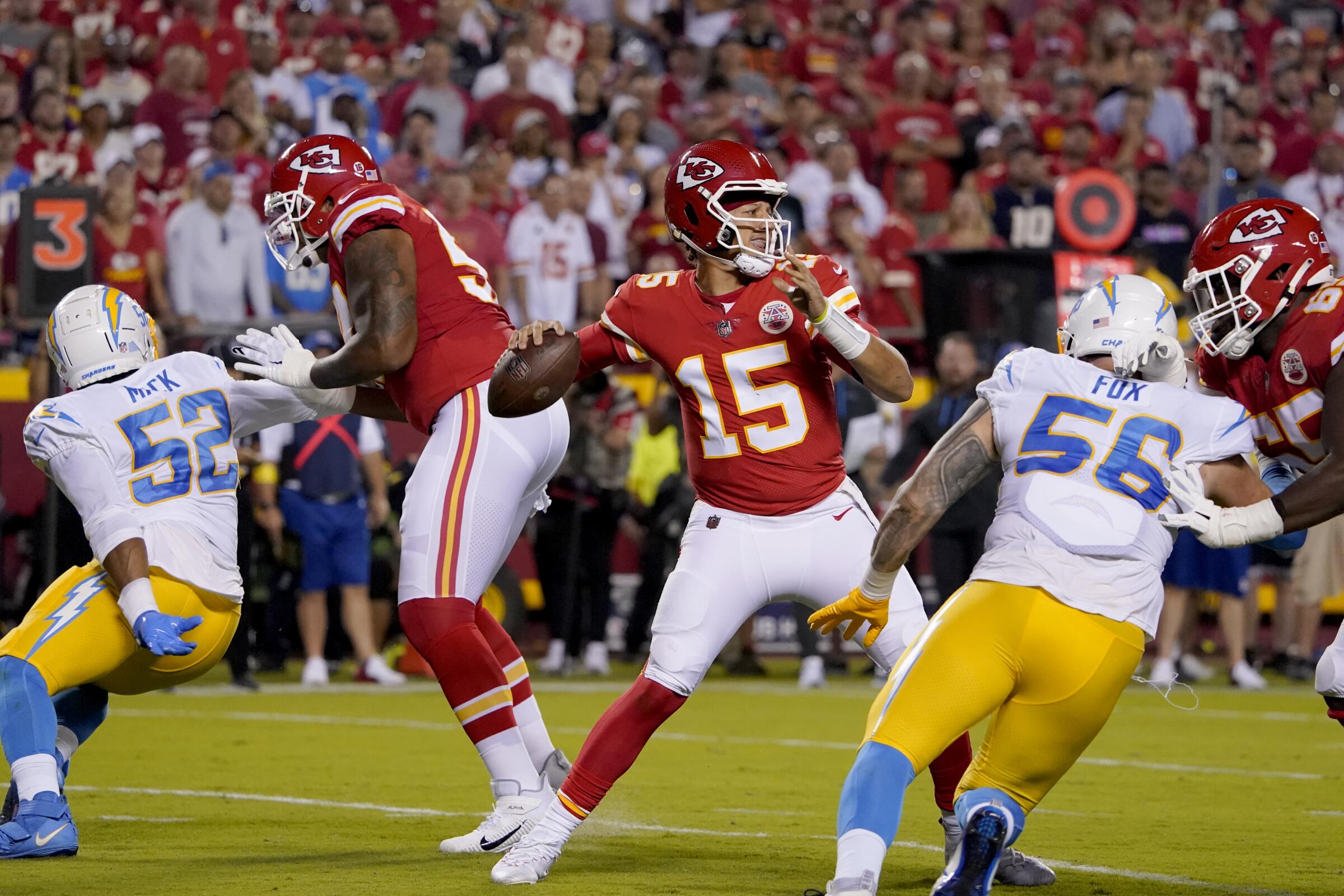 Kansas City Chiefs quarterback Patrick Mahomes passes against the Chargers on Sept. 15, 2022.