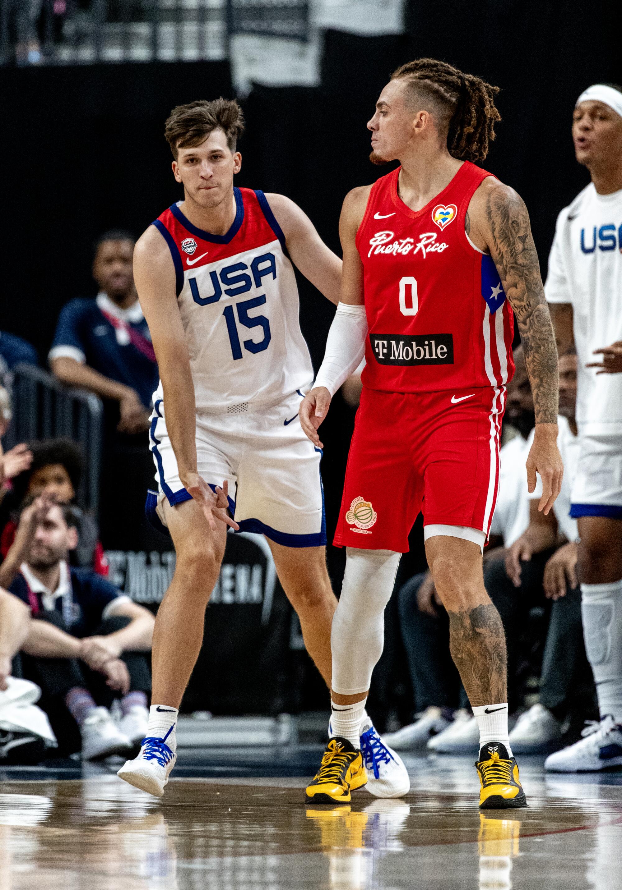 Team USA guard Austin Reaves strikes his signature "freeze" pose after making a three-pointer against Puerto Rico.