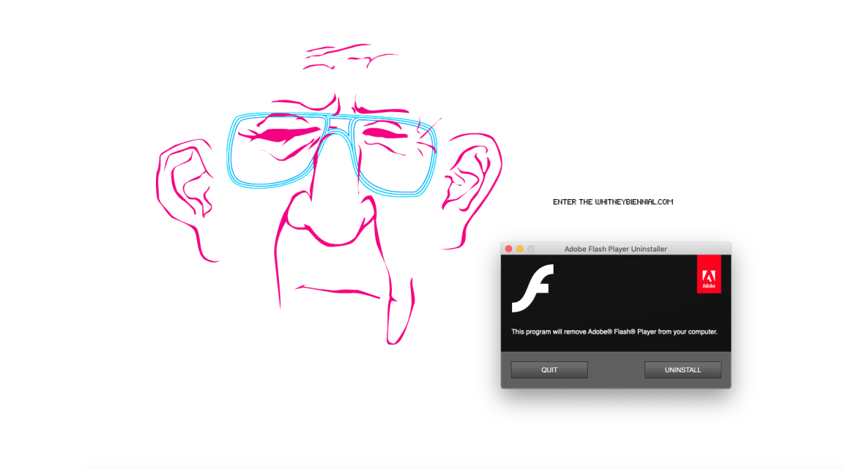 A pop-up message from Adobe asking to uninstall Flash appears above a drawing of an old man's face in pink and blue