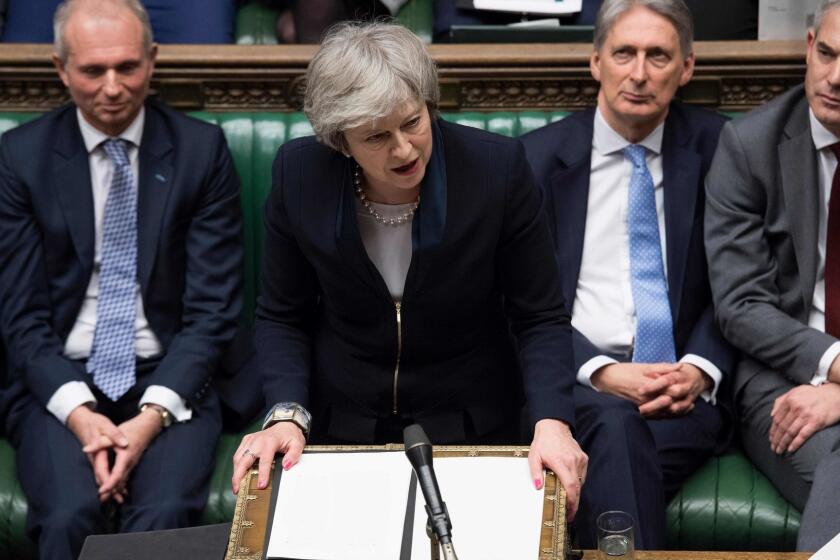 A handout photograph released by the UK Parliament shows Britain's Prime Minister Theresa May (C) making a statement in the House of Commons in London on January 15, 2019 directly after MPs rejected the government's Brexit deal. - Britain's parliament on Tuesday resoundingly rejected Prime Minister Theresa May's Brexit deal, triggering a no-confidence vote in her government and leaving the country on track to crash out of the EU. (Photo by Jessica TAYLOR / UK PARLIAMENT / AFP) / RESTRICTED TO EDITORIAL USE - NO USE FOR ENTERTAINMENT, SATIRICAL, ADVERTISING PURPOSES - MANDATORY CREDIT " AFP PHOTO / Jessica Taylor / UK Parliament"JESSICA TAYLOR/AFP/Getty Images ** OUTS - ELSENT, FPG, CM - OUTS * NM, PH, VA if sourced by CT, LA or MoD **