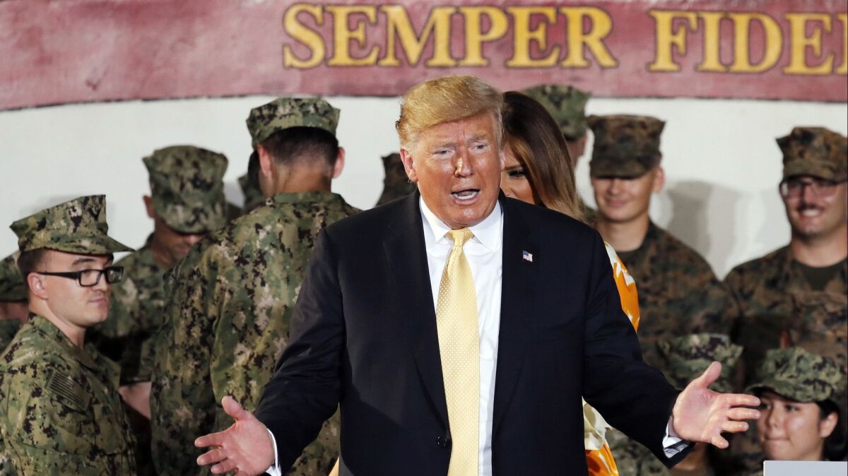 President Trump speaks to U.S. servicemen at U.S. Navy multipurpose amphibious assault ship Wasp (LHD-1) at the U.S. Navy's Yokosuka base in Japan on May 28.