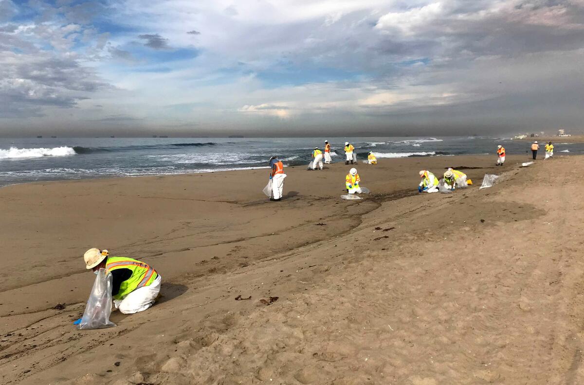 People in reflective vests stand and work in the sand at the beach.