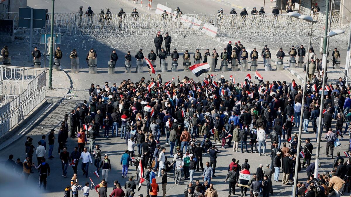 Iraqi riot police closed a bridge leading to Baghdad's heavily guarded Green Zone during a demonstration by followers of Shiite cleric Muqtada Sadr on Feb. 11, 2017.