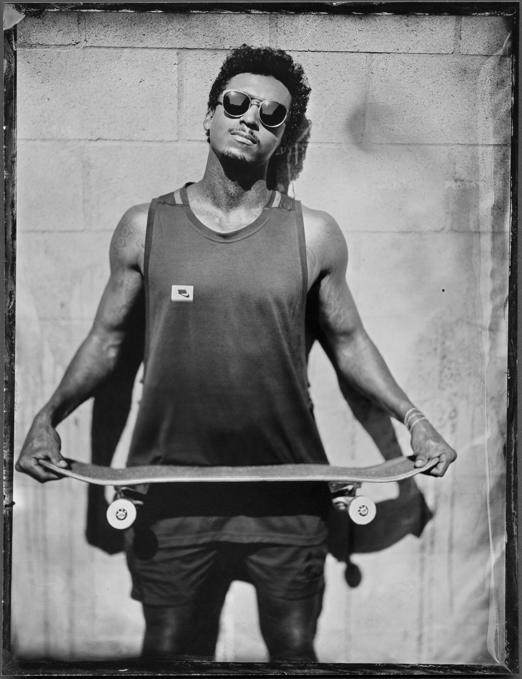 Nyjah Huston, the top-ranked skateboarder in the world, is seen in a tintype photograph