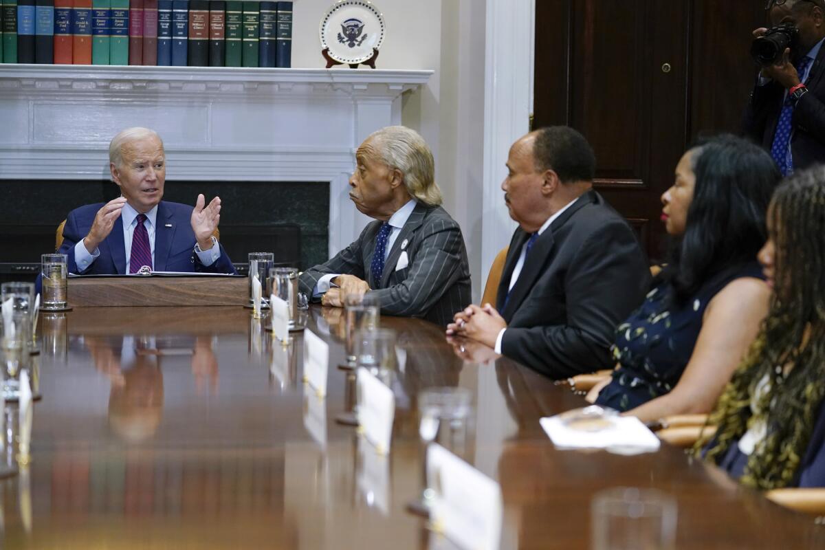 President Biden speaks as he meets with organizers of the 60th anniversary of the March on Washington.