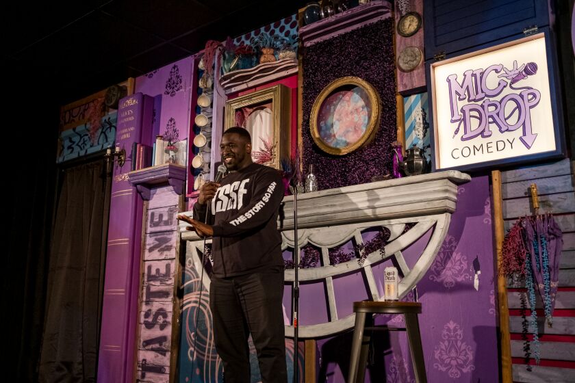 Comedian Shapel Lacey performs a standup set at Mic Drop Comedy, a new comedy club in Kearny Mesa. The space used to house Comedy Palace, a longstanding club that closed in 2020 after more than 30 years in operation.