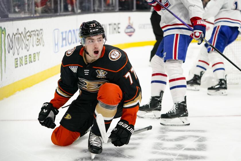 Anaheim Ducks right wing Frank Vatrano celebrates his goal against the Montreal Canadiens 