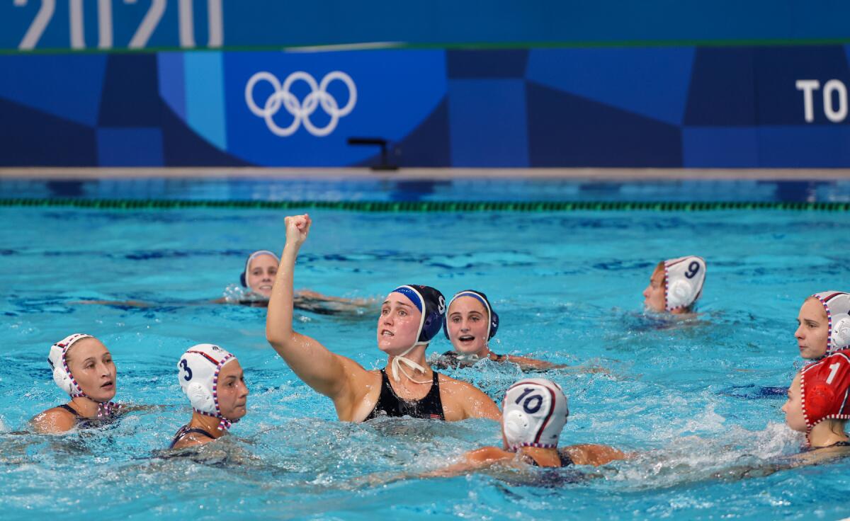 Aria Fischer gestures after scoring against ROC in the semifinals of the Tokyo 2020 Summer Olympics.